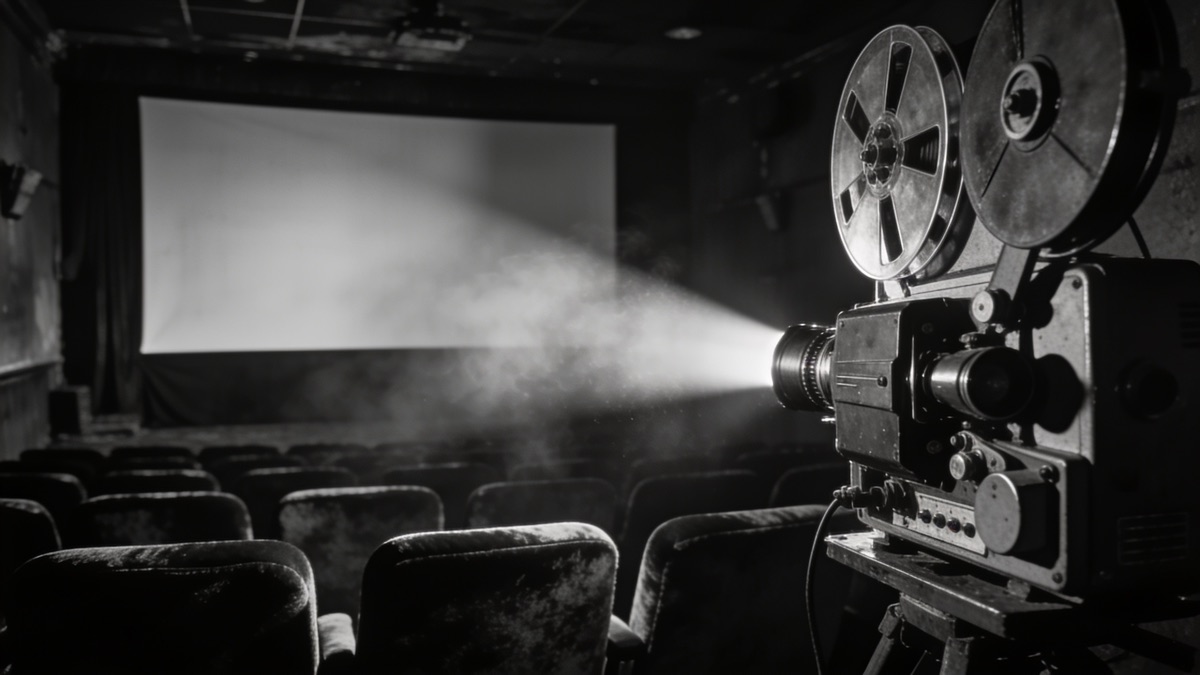 Projetor antigo de cinema lançando um feixe de luz em uma sala escura