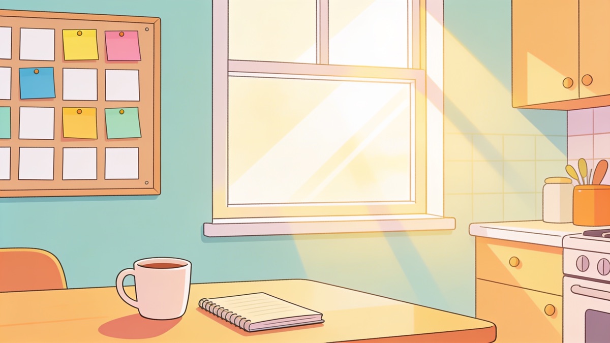 Cozinha organizada pela manhã com café na mesa, um quadro de tarefas na parede e luz entrando pela janela