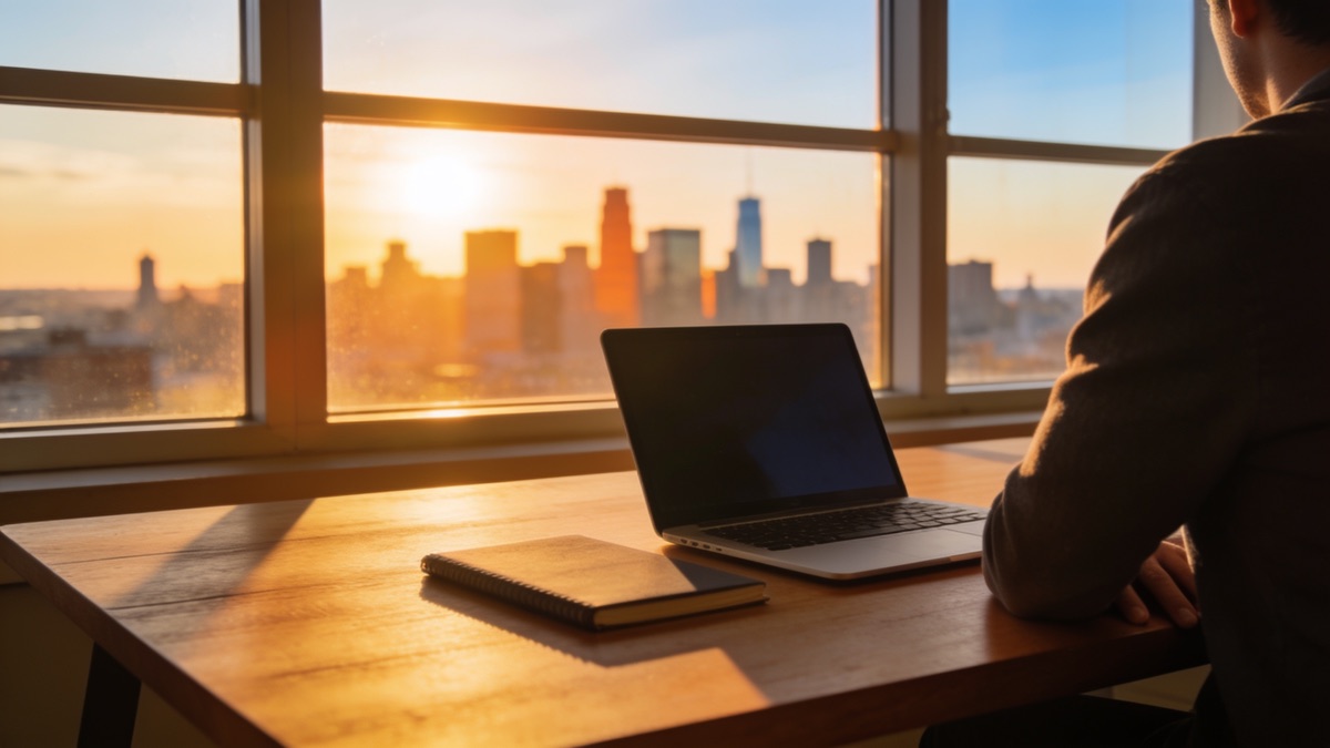 Pessoa de costas diante de uma mesa com notebook e caderno, olhando por uma janela grande