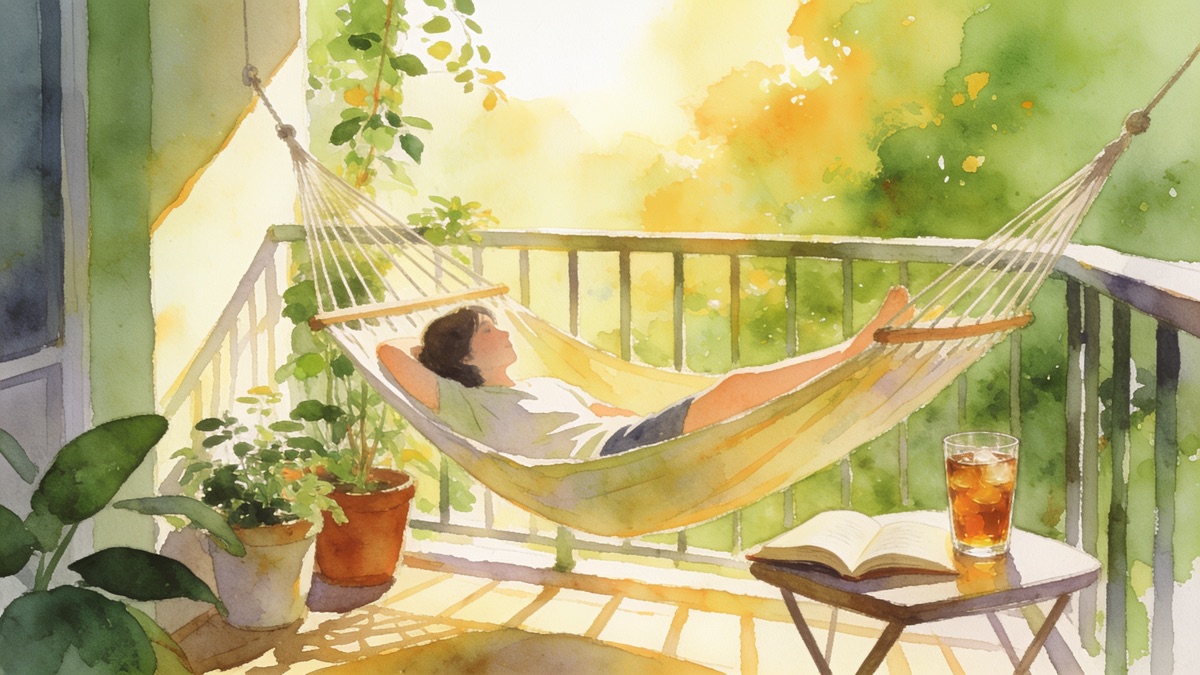 Pessoa deitada em uma rede lendo um livro numa varanda com plantas e luz suave da tarde