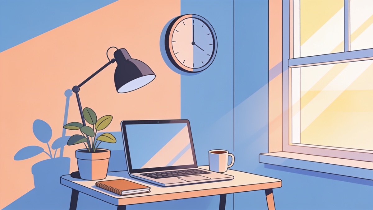 Mesa de home office com notebook, caderno e planta perto de uma janela, e uma xícara de café ao lado