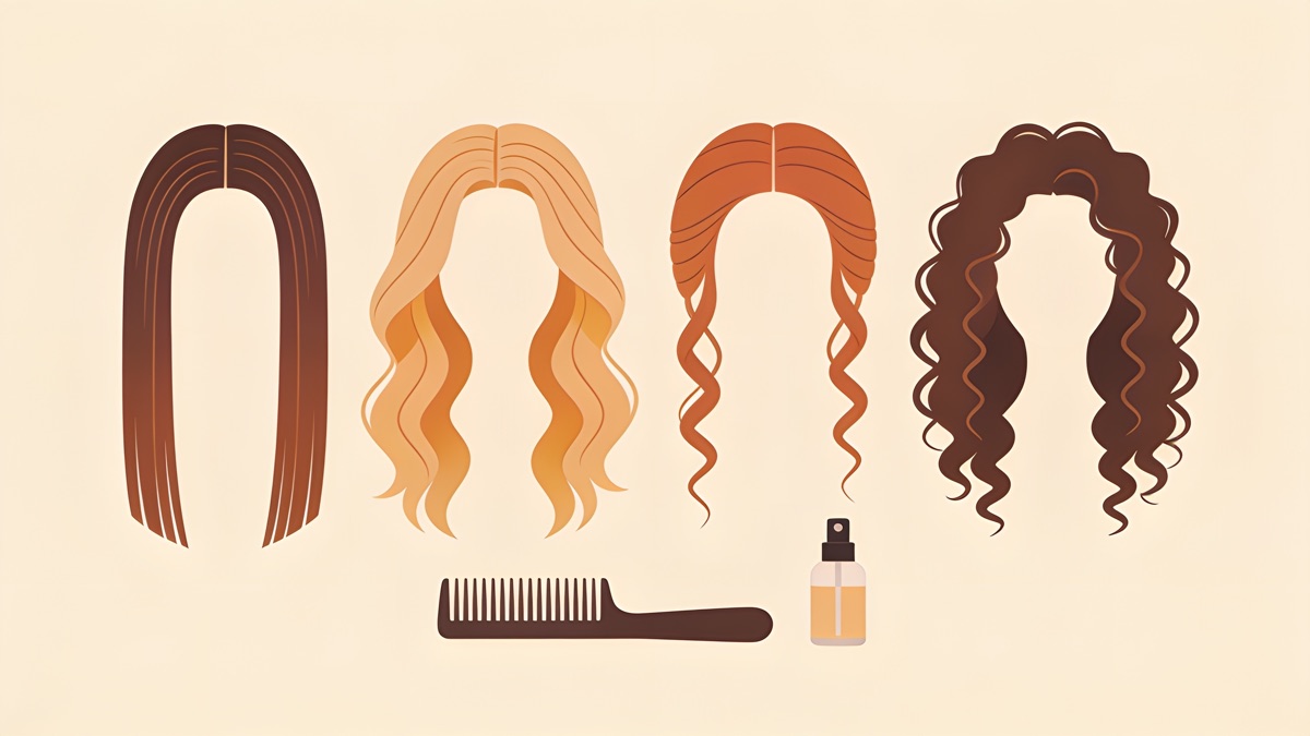 Ilustração de quatro mechas de cabelo, uma lisa, uma ondulada, uma cacheada e uma crespa, lado a lado