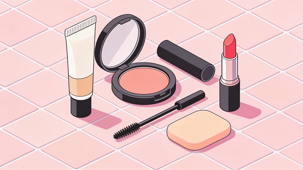 Kit básico de maquiagem com corretivo, blush, máscara de cílios e batom sobre uma superfície clara
