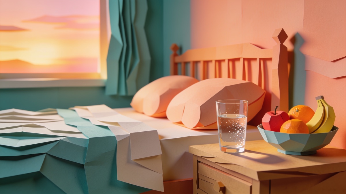 Mesa de cabeceira com copo de água, óculos e uma fruta ao lado de uma cama arrumada, em recorte de papel