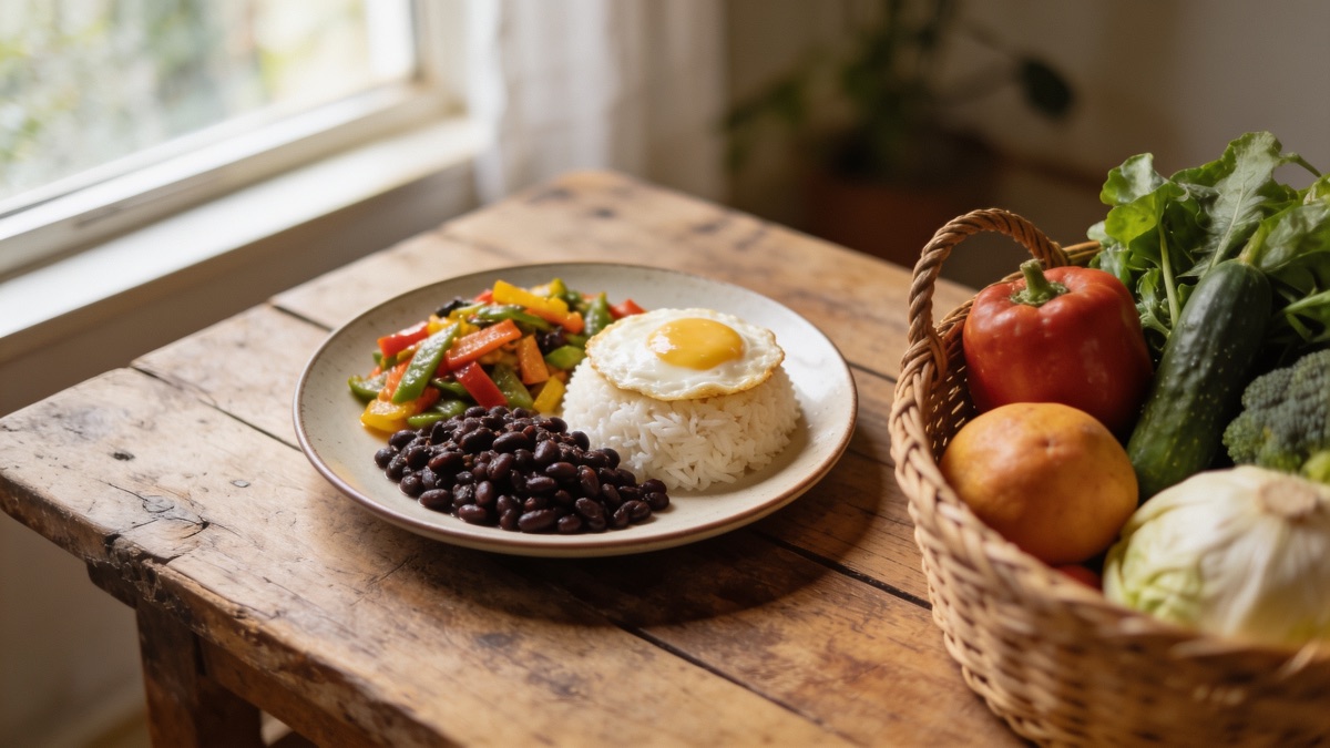 Mesa de madeira com arroz, feijão, ovo e legumes frescos prontos para o almoço