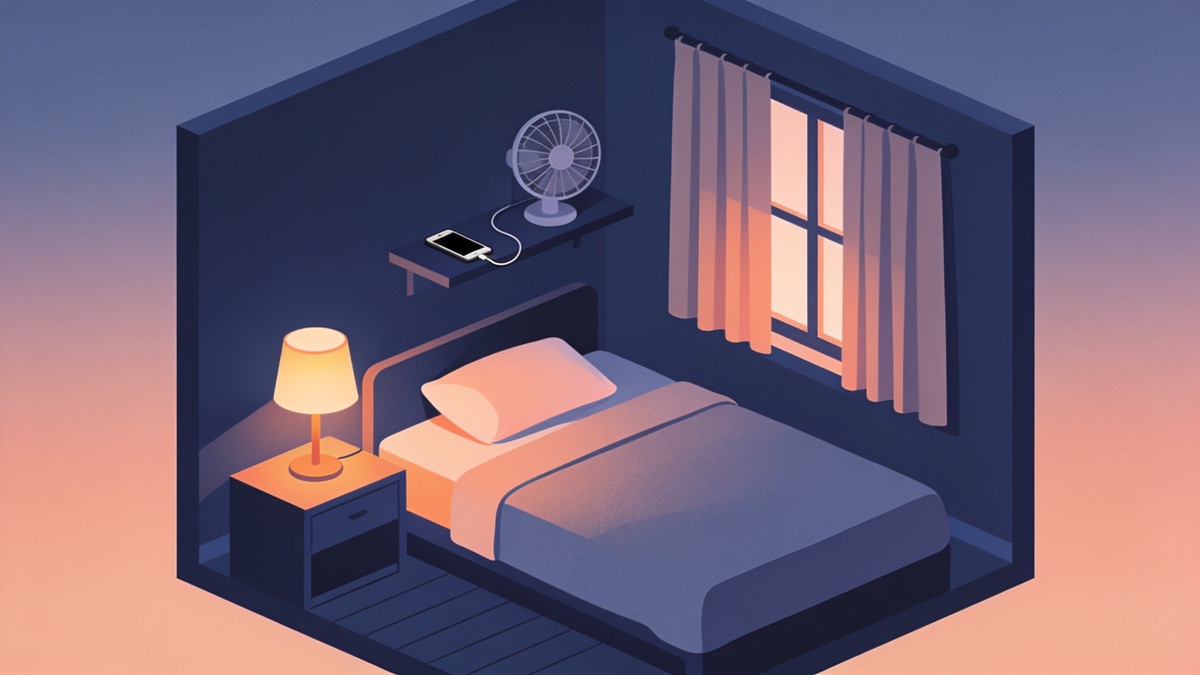 Quarto arrumado com luz de abajur quente, cama de lençol claro e cortina fechada