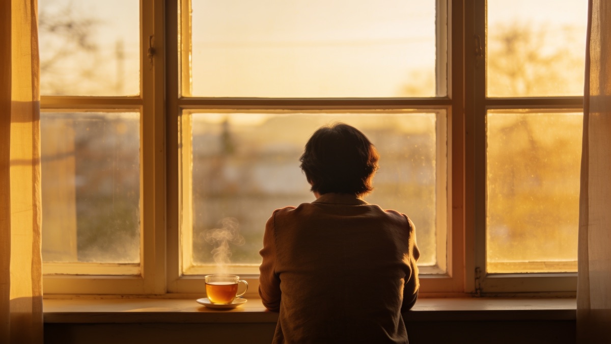 Pessoa sentada numa cadeira à janela, de costas, com os ombros relaxados ao fim da tarde