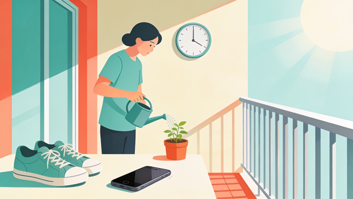 Ilustração de uma pessoa regando uma planta numa varanda ao lado de um relógio e de um celular virado para baixo