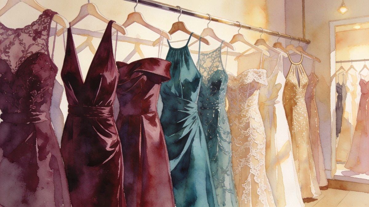 Vestidos de festa de cores variadas pendurados em um provador de loja com luz suave