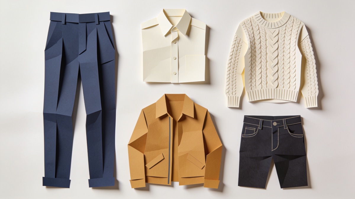 Cinco peças de roupa em tons neutros dispostas lado a lado sobre uma cama