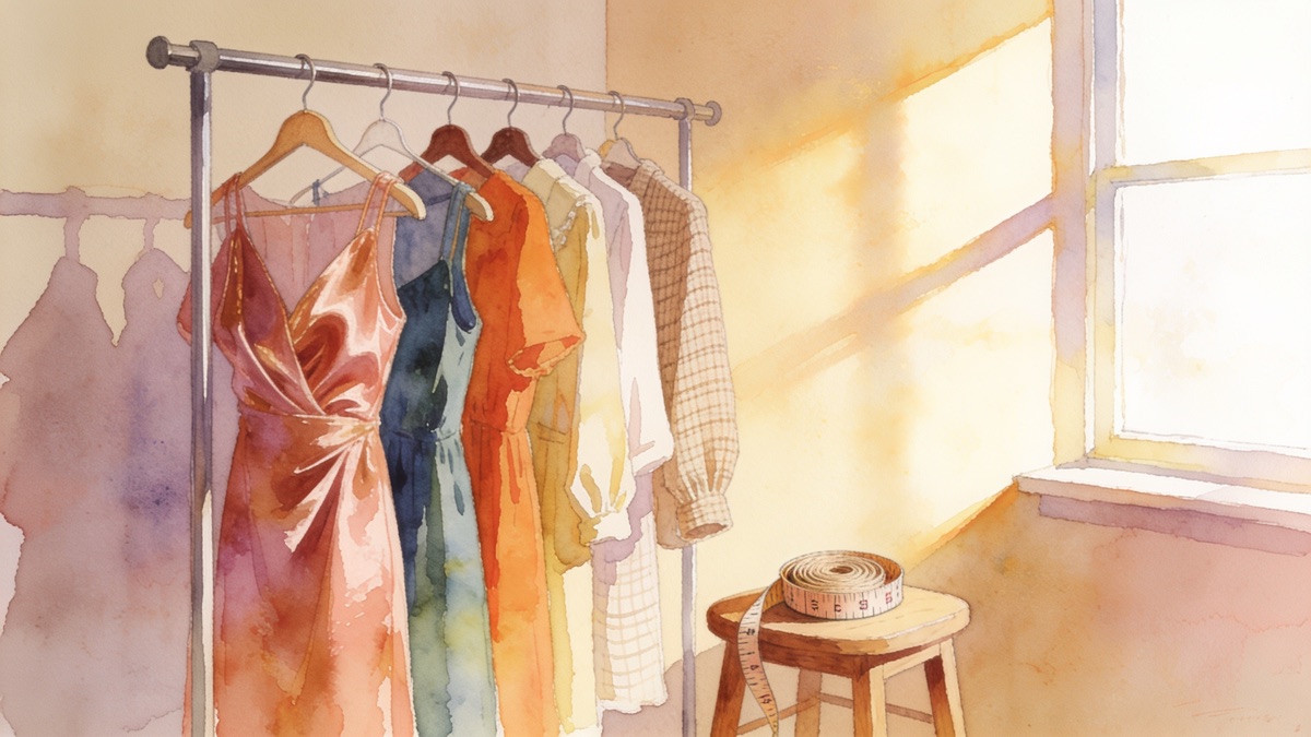 Araras de roupas coloridas e fita métrica sobre uma mesa de costura