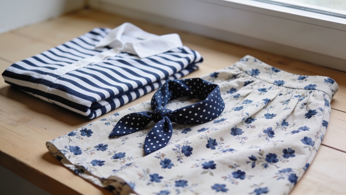 Camisa listrada e saia floral dobradas lado a lado sobre uma cama, com um lenço de bolinhas por cima