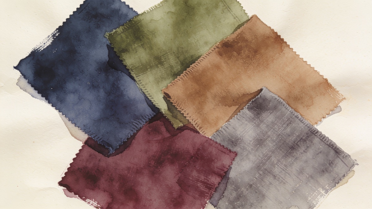 Cartela de tecidos nas cores azul-marinho, verde-oliva, caramelo, vinho e cinza lado a lado