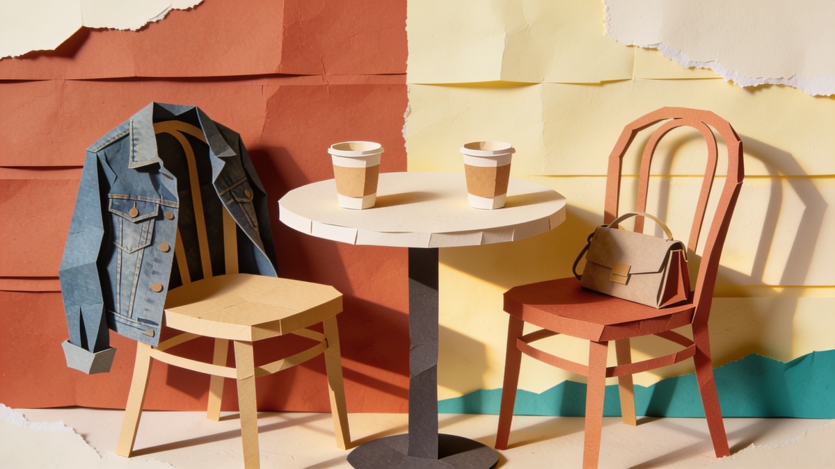 Mesa de café com duas xícaras, um casaco jeans e uma bolsa pequena dispostos sobre uma cadeira ao lado