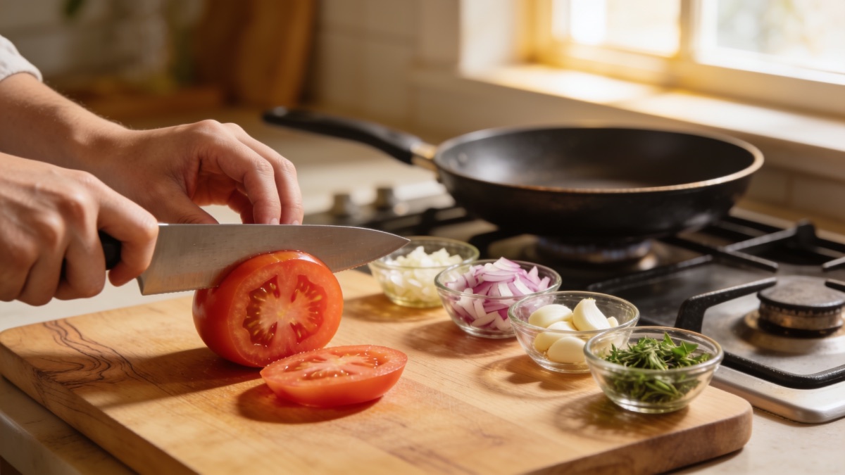 Mãos cortando tomates com uma faca afiada sobre uma tábua de madeira, com ingredientes separados em potinhos ao lado