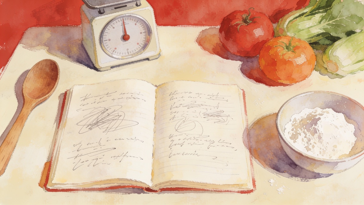 Caderno aberto com anotações de receita ao lado de ingredientes e uma colher de madeira