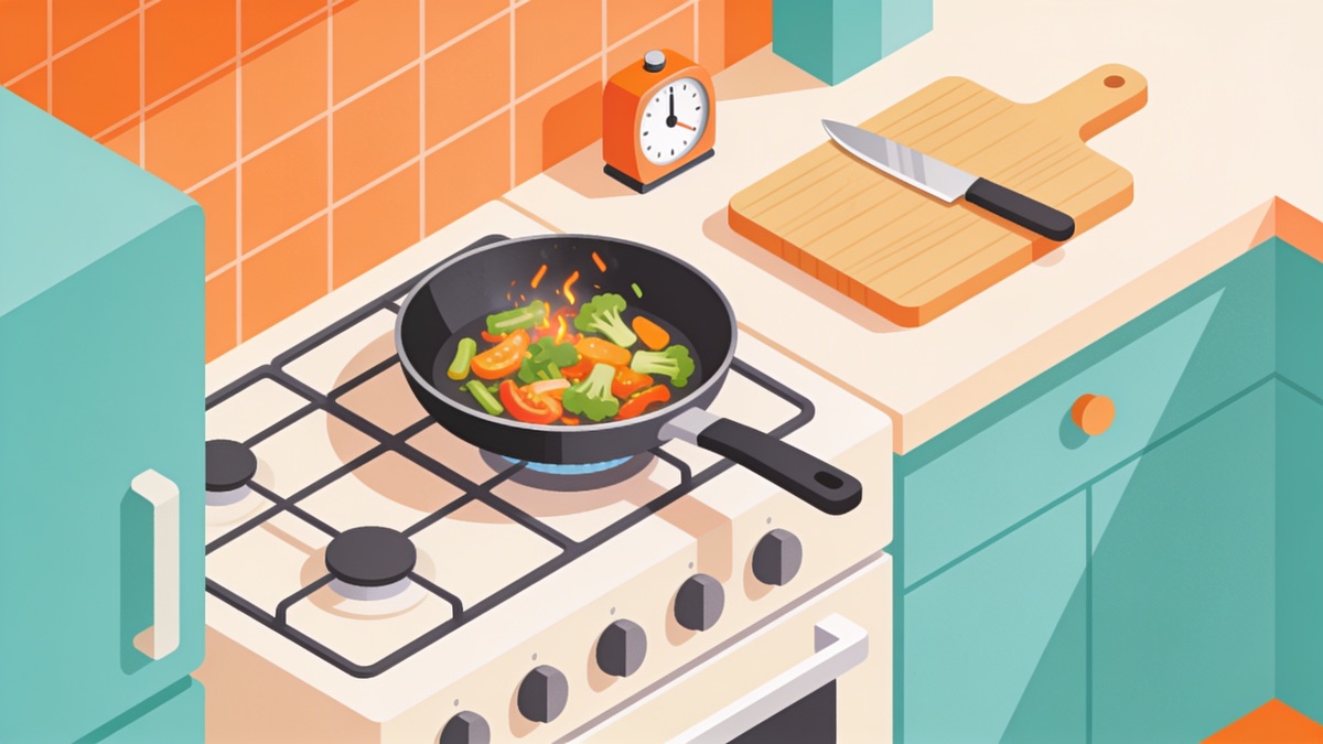 Frigideira no fogão com legumes dourando e uma tábua com faca ao lado