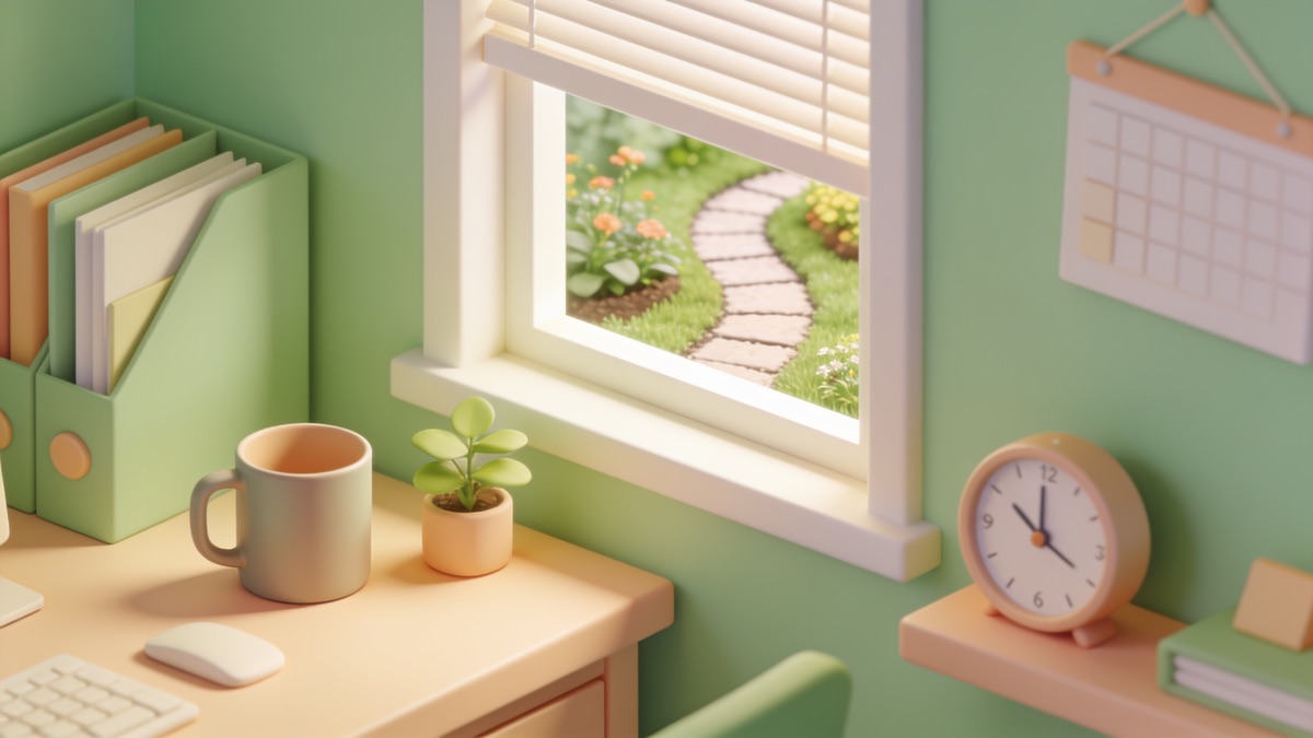 Mesa de trabalho em estilo isométrico com xícara, planta, relógio e um caminho curto até uma janela