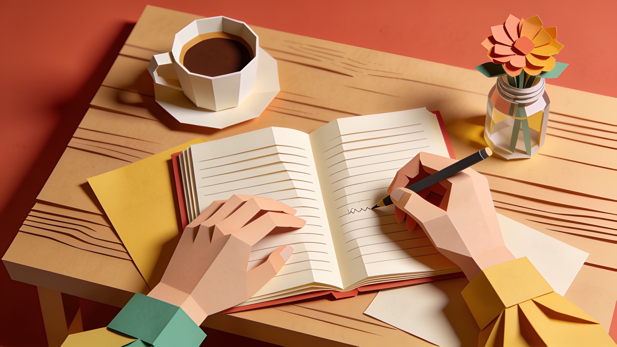 Mãos escrevendo num caderno aberto sobre uma mesa com uma xícara e uma flor, em colagem de papel