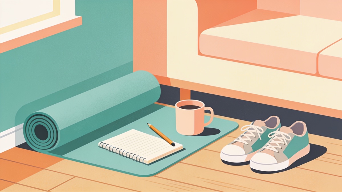 Tapete de yoga no chão da sala com uma caneca, um caderno e um par de tênis ao lado