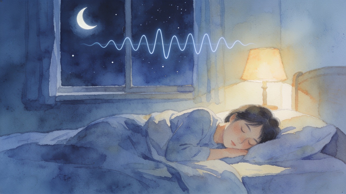 Pessoa dormindo de lado em uma cama com lençol claro, em um quarto à meia-luz