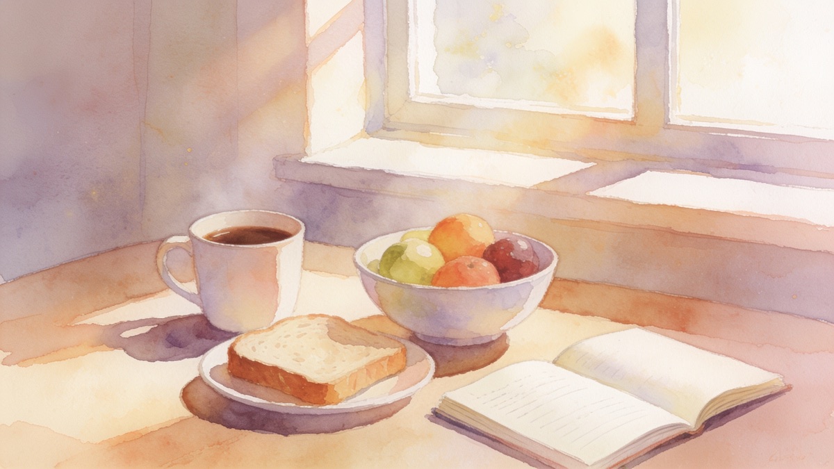 Pessoa sentada à mesa tomando café da manhã com fruta, pão e uma xícara, sem celular por perto