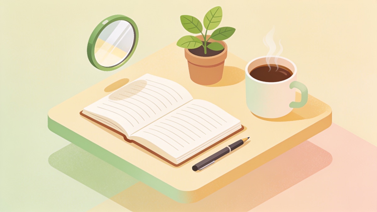 Caderno aberto com uma caneta ao lado de uma xícara de café sobre uma mesa de madeira