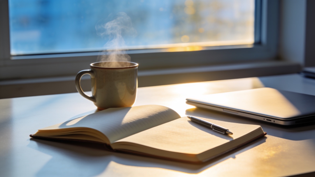 Mesa de escritório organizada com um caderno aberto, caneca de café e luz da manhã entrando pela janela