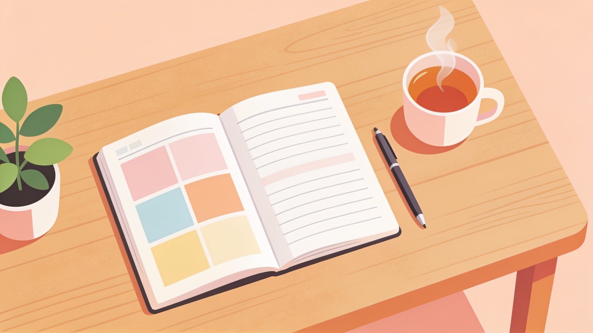 Agenda semanal aberta sobre a mesa com blocos coloridos desenhados à mão e uma caneta ao lado