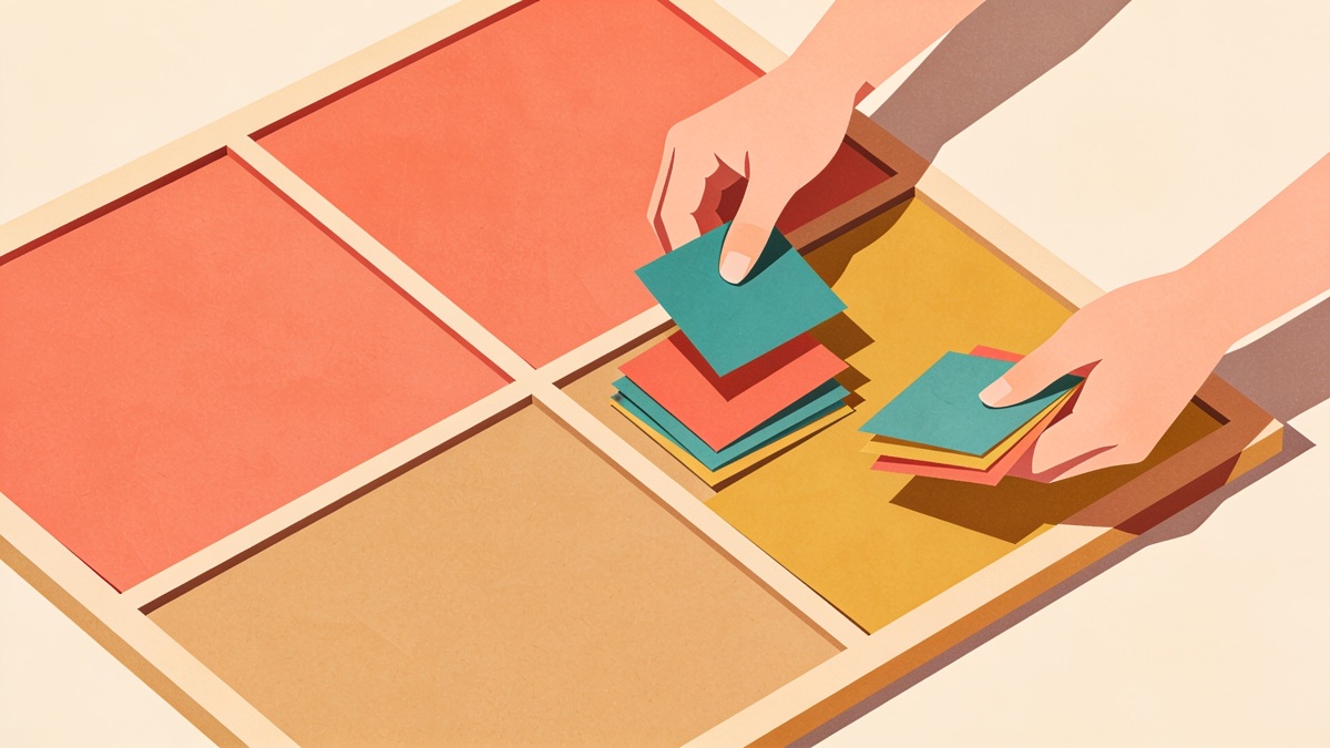 Quadro de papel recortado com cartões coloridos organizados em quatro quadrantes