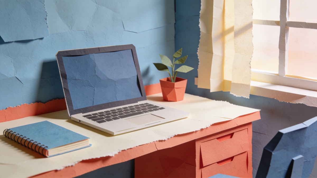 Mesa de trabalho organizada com notebook, caderno e planta, iluminada por luz de janela
