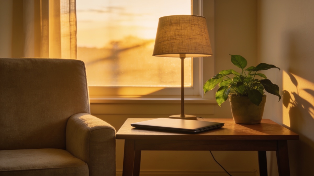 Mesa de trabalho e poltrona de leitura lado a lado numa sala, separadas por uma planta e uma luminária acesa